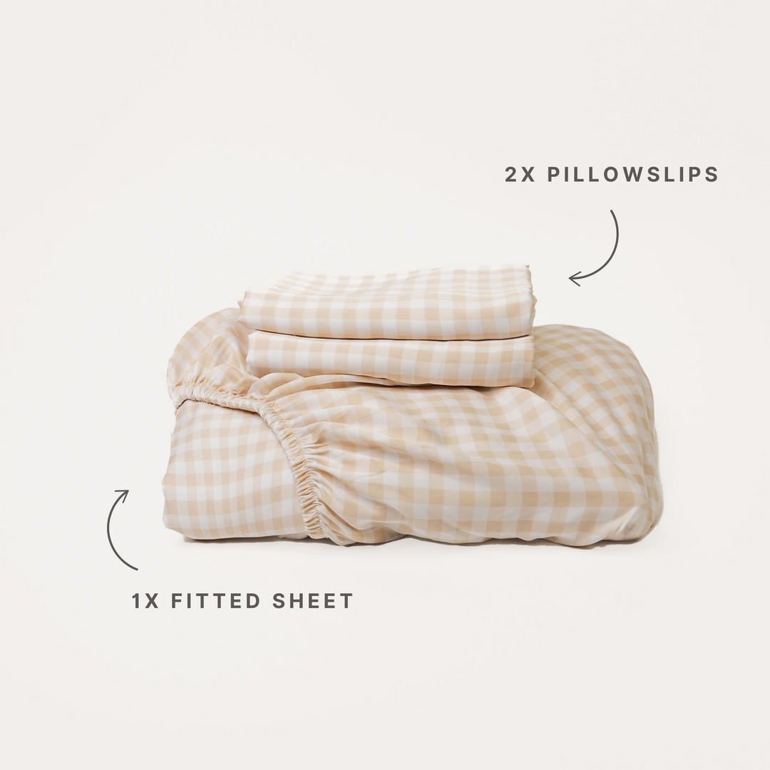 Bamboo Fitted Sheet & Pillowslips - Oat Gingham