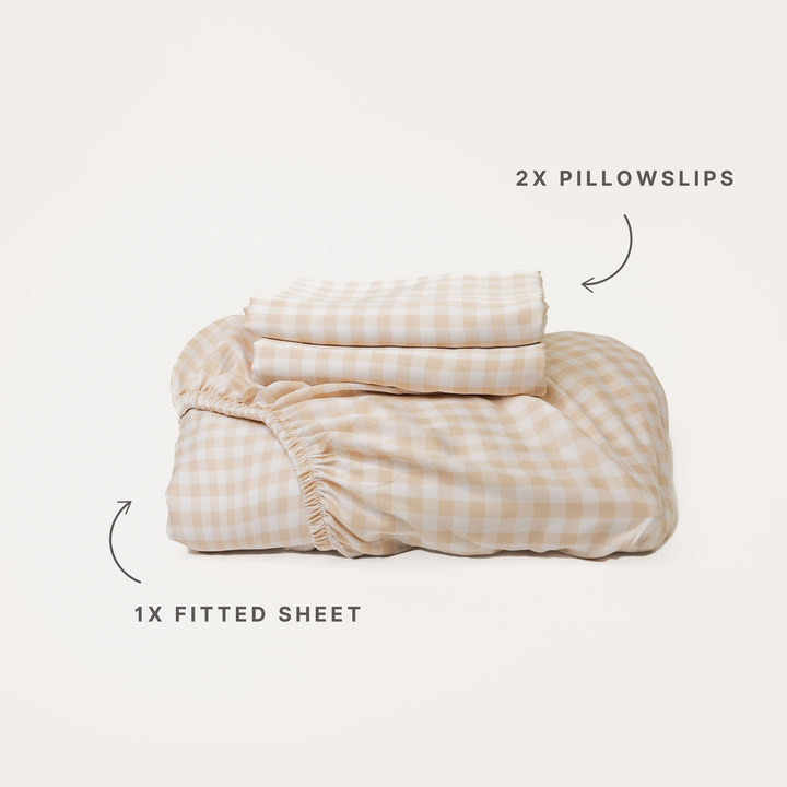 Bamboo Fitted Sheet & Pillowslips - Oat Gingham