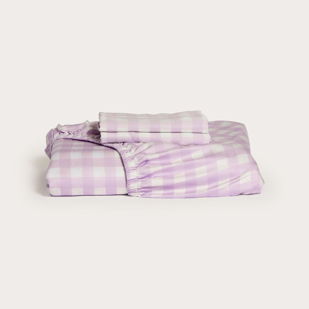 Lilac Gingham Bamboo Fitted Sheet Set